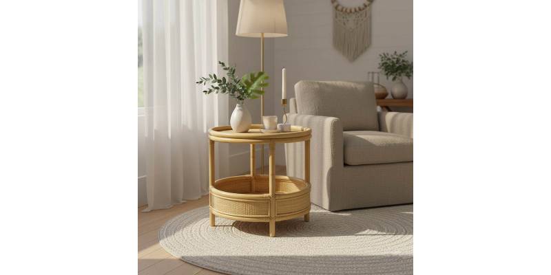 Βοηθητικό τραπέζι Moody pakoworld pe rattan σε φυσική απόχρωση Φ55x51εκ