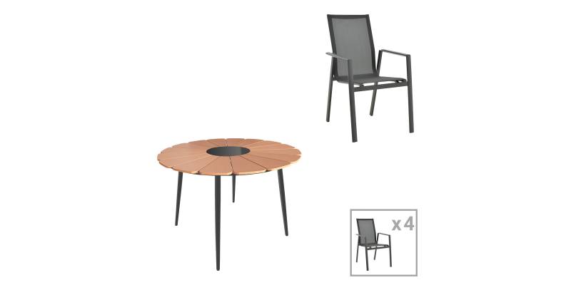 Τραπεζαρία Pinap-Dashiell σετ 5τεμ pakoworld μαύρο αλουμίνιο και plywood σε φυσική απόχρωση Φ110x74εκ