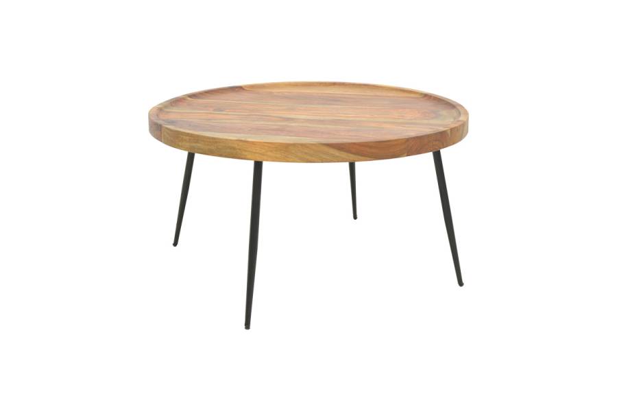 Τραπέζι σαλονιού Tavolo pakoworld μασιφ ξύλο sheesham σε καρυδί απόχρωση με μαύρα μεταλλικά πόδια Φ75x39εκ