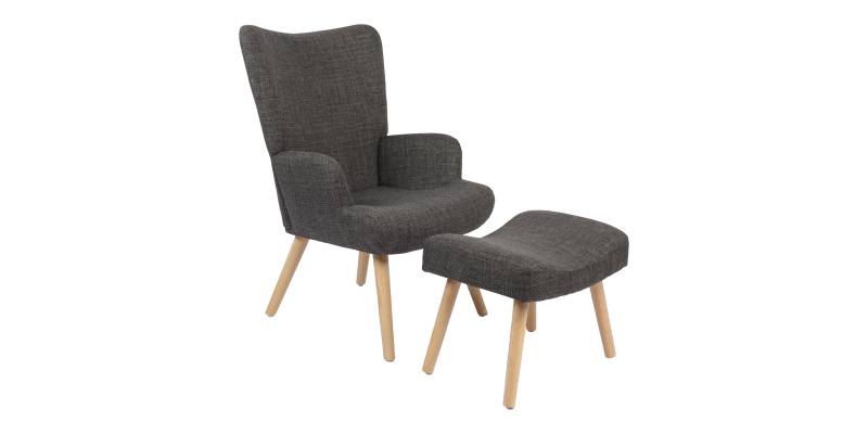 Πολυθρόνα-μπερζέρα με υποπόδιο Gerlina pakoworld ανθρακί ύφασμα με πόδι σε φυσική απόχρωση 71x64x94εκ