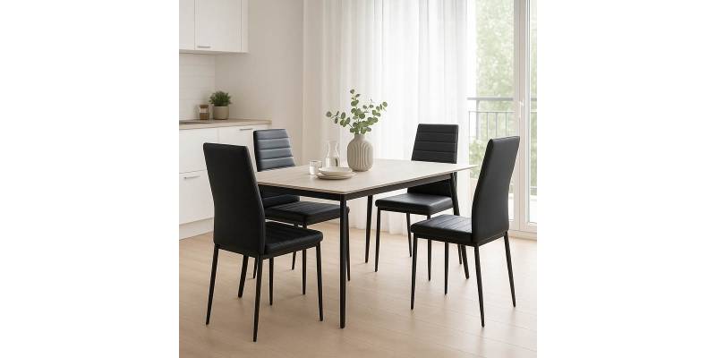 Τραπεζαρία Parker-Gustas pakoworld σετ 5τεμ μαύρο μαρμάρου-μαύρο-ανθρακί 140x80x75εκ