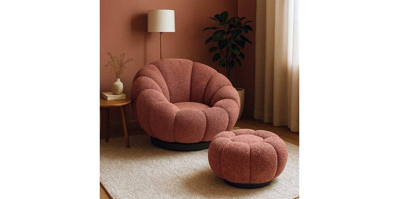 Πολυθρόνα περιστρεφόμενη με σκαμπό Nester pakoworld μπουκλέ ύφασμα σε απόχρωση σάπιο μήλο 98x97x69εκ