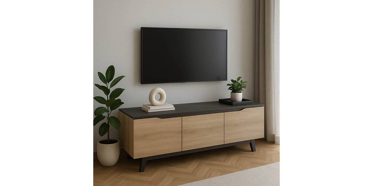 Έπιπλο τηλεόρασης Kasandra pakoworld σε μαύρο μαρμάρου-sonoma απόχρωση 180x35x48.5εκ