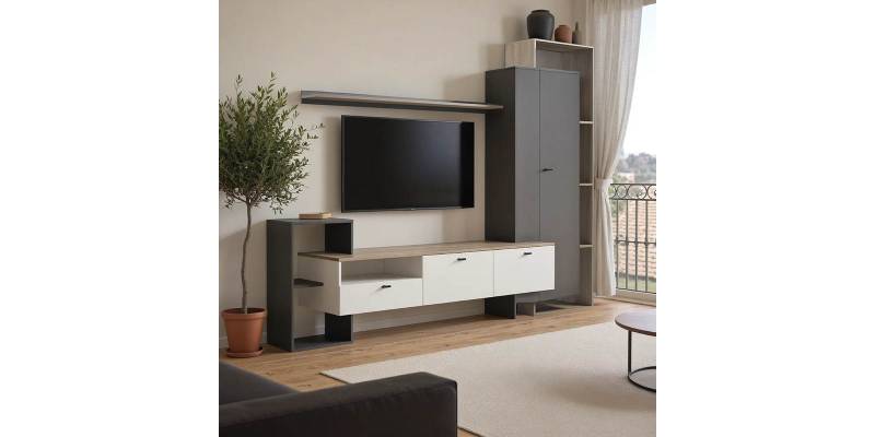 Σύνθετο σαλονιού Ferefia pakoworld σε sonoma με λευκή και ανθρακί απόχρωση 240x45.5x189.5εκ