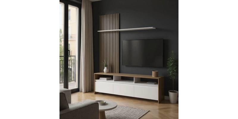 Σύνθετο σαλονιού Delfina pakoworld σε sonoma με λευκή απόχρωση 190x40x199.5εκ