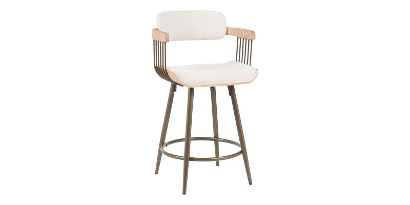 Σκαμπό μπαρ Cameo pakoworld περιστρεφόμενο μέταλλο μπρονζέ-white-wash ξύλο-μπέζ ύφασμα 53x50x93εκ