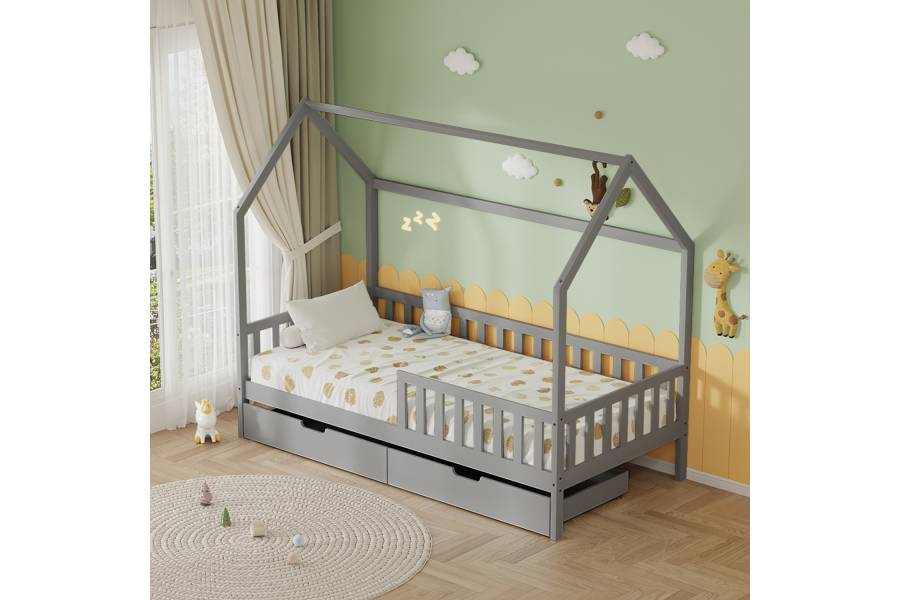 ΚΡΕΒΑΤΙ ΠΑΙΔΙΚΟ ΜΕ ΣΥΡΤΑΡΙΑ PHYLLIS HM724.05 τ.MONTESSORI ΓΚΡΙ 196x97x161Υεκ.