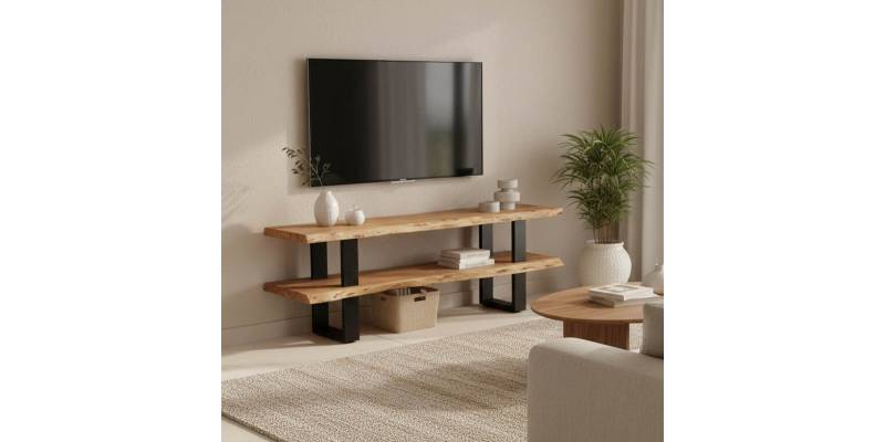 Έπιπλο τηλεόρασης Fuji pakoworld μασίφ ξύλο ακακίας σε φυσική απόχρωση με μαύρα μεταλλικά πόδια 140x40x52εκ