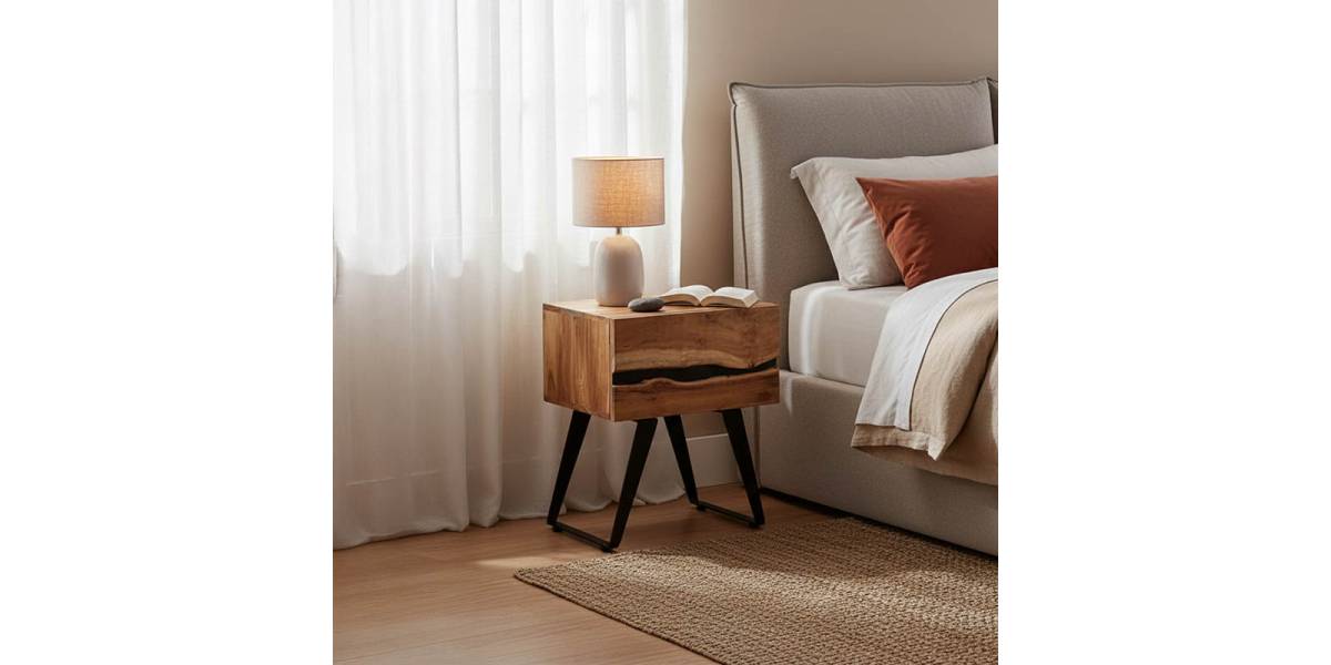 Κομοδίνο Imena pakoworld μασίφ ξύλο Acacia σε φυσικό απόχρωση με μαύρα μεταλλικά πόδια 45x35x56εκ