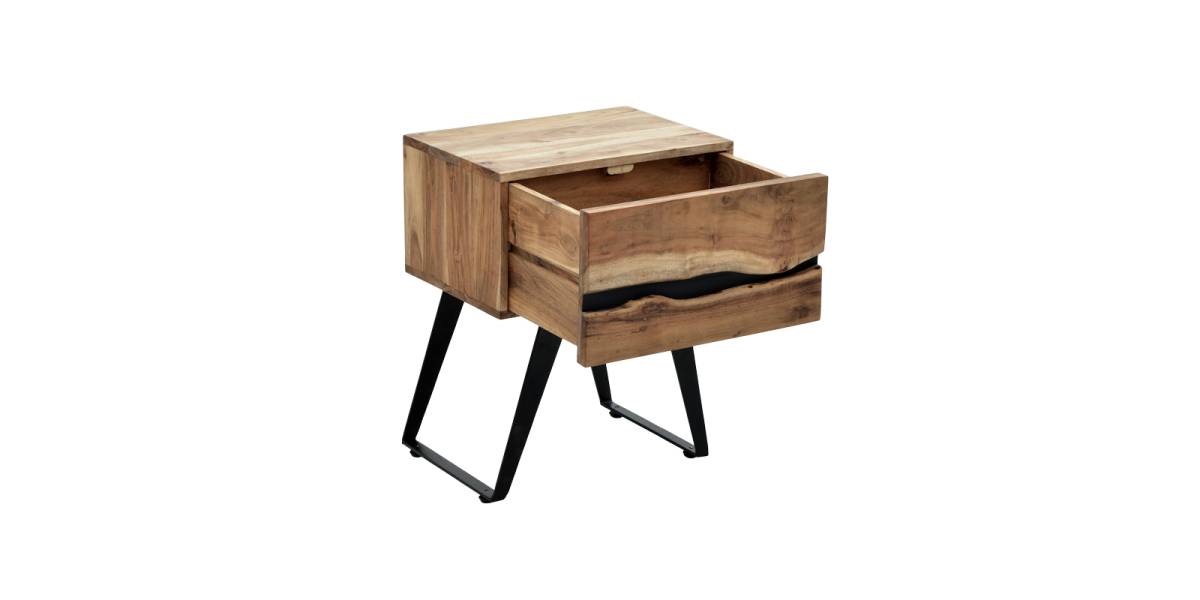 Κομοδίνο Imena pakoworld μασίφ ξύλο Acacia σε φυσικό απόχρωση με μαύρα μεταλλικά πόδια 45x35x56εκ