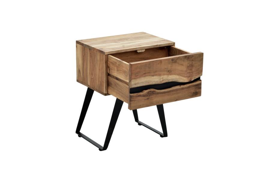 Κομοδίνο Imena pakoworld μασίφ ξύλο Acacia σε φυσικό απόχρωση με μαύρα μεταλλικά πόδια 45x35x56εκ