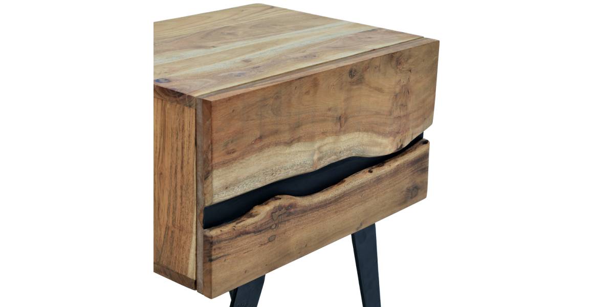 Κομοδίνο Imena pakoworld μασίφ ξύλο Acacia σε φυσικό απόχρωση με μαύρα μεταλλικά πόδια 45x35x56εκ