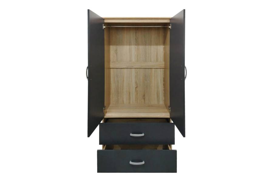 Ντουλάπα δίφυλλη με 2 συρτάρια και πατάρι Lego pakoworld σε oak-ανθρακί απόχρωση 80x42x240εκ