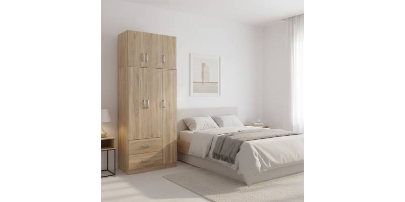 Ντουλάπα τρίφυλλη με 2 συρτάρια και πατάρι Lego pakoworld σε oak απόχρωση 90x42x240εκ