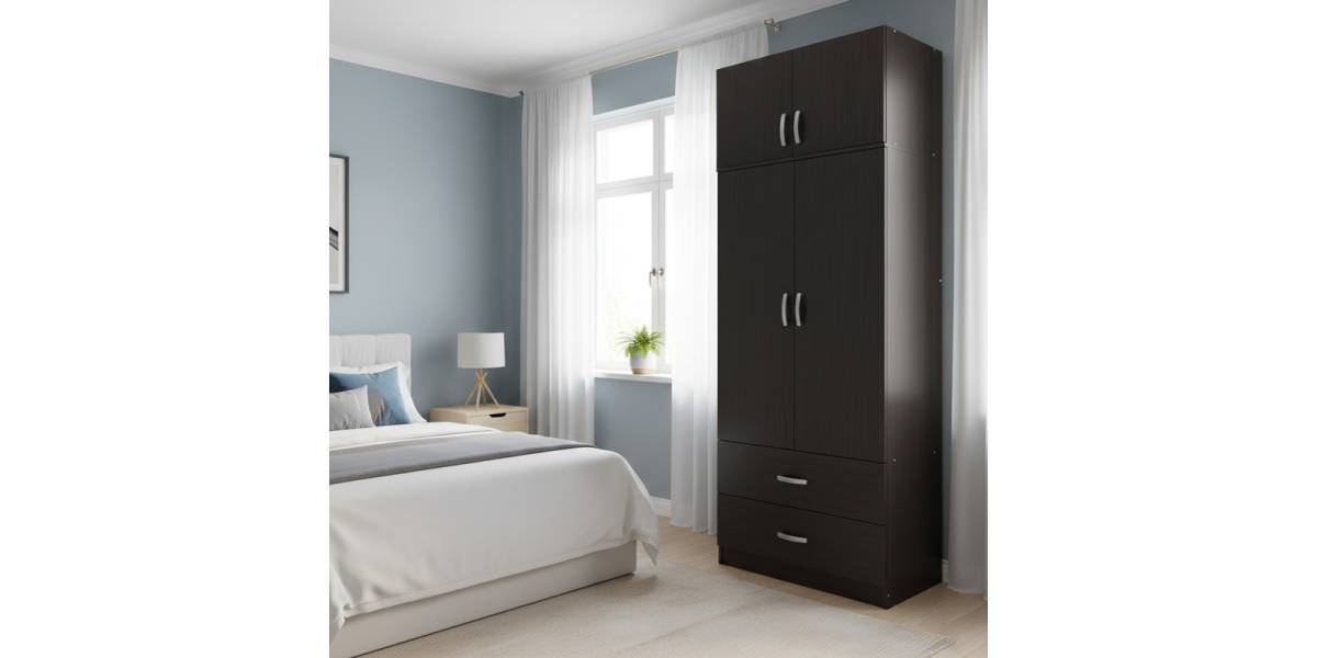 Ντουλάπα δίφυλλη με 2 συρτάρια και πατάρι Lego pakoworld σε wenge απόχρωση 80x42x240εκ