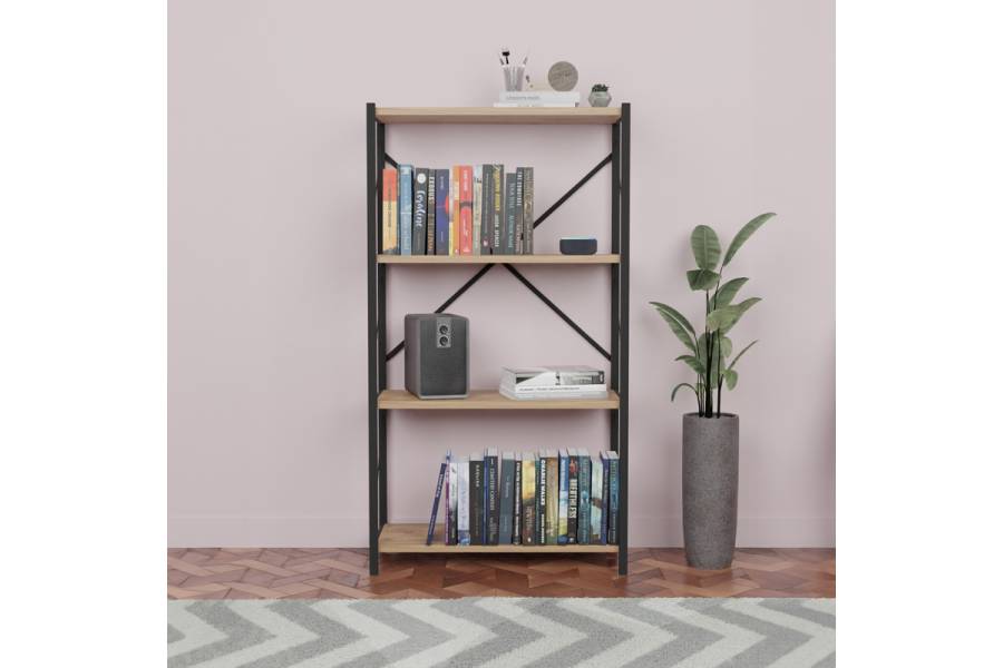Βιβλιοθήκη Jackrey pakoworld oak μελαμίνης-μαύρο μέταλλο 63x30x114εκ