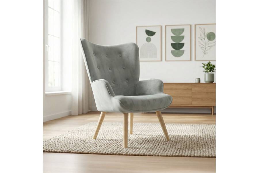 Πολυθρόνα Fluffy pakoworld βελούδο γκρι-φυσικό πόδι 75x69x96εκ