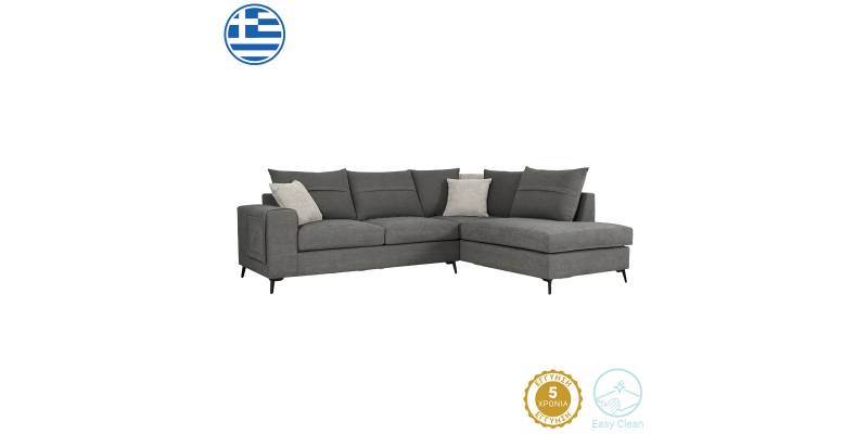 Γωνιακός καναπές αριστερή γωνία Montana pakoworld ποντικί ύφασμα με μαξιλάρια σε απόχρωση ανοιχτό γκρι 275x215x93εκ