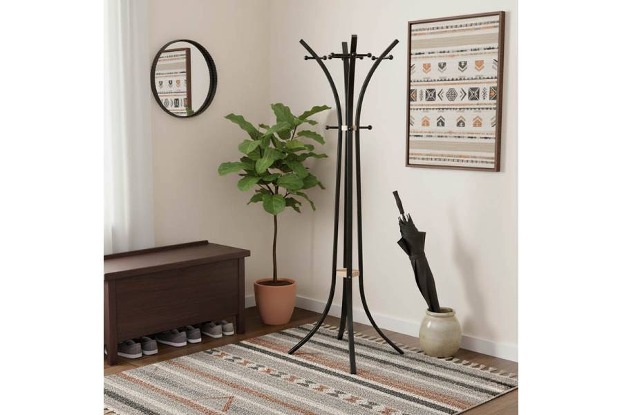 Καλόγερος ρούχων Bamile pakoworld μαύρο μέταλλο και rubberwood σε φυσική απόχρωση 51x63x175εκ