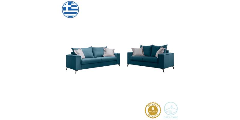 Σετ σαλονιού 2τεμ Verona pakoworld μπλε ύφασμα με μαξιλάρια σε απόχρωση ανοιχτό γκρι