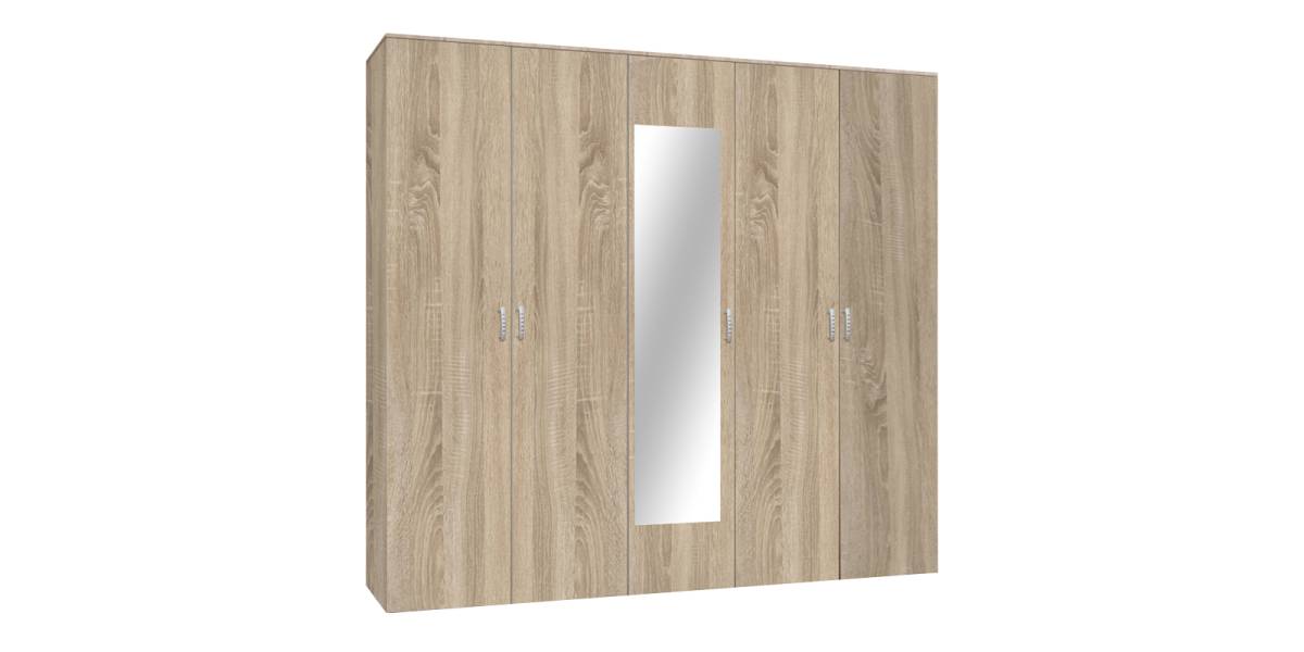 Ντουλάπα πεντάφυλλη με καθρέφτη Luna pakoworld σε sonoma απόχρωση 220x52x200εκ