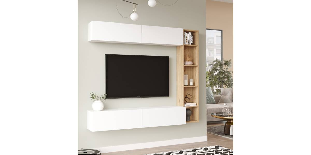 Σύνθετο σαλονιού Compo επιτοίχιο pakoworld σε oak-λευκό απόχρωση 169,10x25,8x143.5εκ