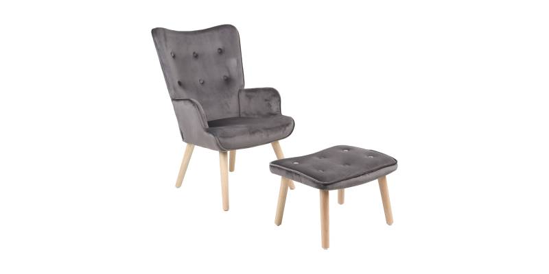 Πολυθρόνα με υποπόδιο Melisia pakoworld γκρι βελούδο και ξύλινο πόδι σε φυσική απόχρωση 59x67x94εκ