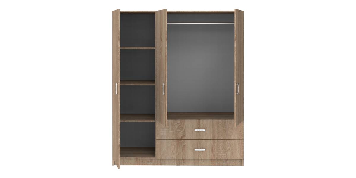 Ντουλάπα τρίφυλλη Royal pakoworld με συρτάρια sonoma 150x58x177εκ