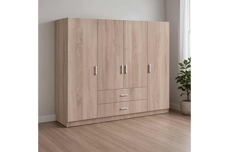 Ντουλάπα τετράφυλλη Royal pakoworld με συρτάρια sonoma 200x58x177εκ