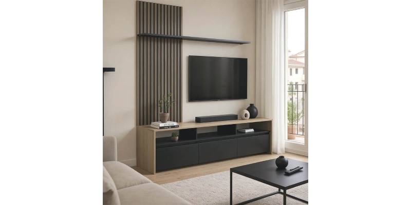 Σύνθετο σαλονιού Delfina pakoworld σε sonoma με μαύρη απόχρωση 190x40x199.5εκ