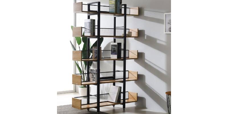 Βιβλιοθήκη Musha pakoworld μέταλλο μαύρο με oak απόχρωση 120x27x185εκ