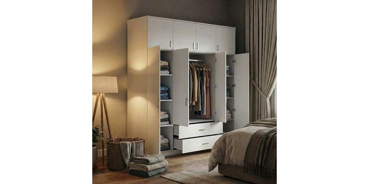 Ντουλάπα τετράφυλλη Royal pakoworld με συρτάρια και πατάρι λευκό 200x58x230εκ