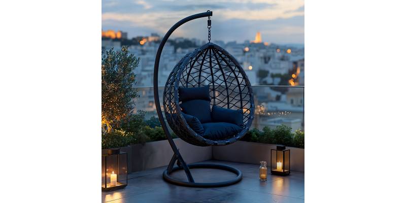 Κούνια φωλιά με βάση Lyere pakoworld μέταλλο ανθρακί pe rattan σε γκρι απόχρωση 120x108x195εκ
