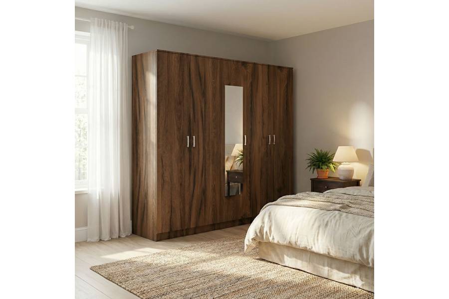 Ντουλάπα πεντάφυλλη με καθρέφτη Luna pakoworld καρυδί-oak 220x52x200εκ