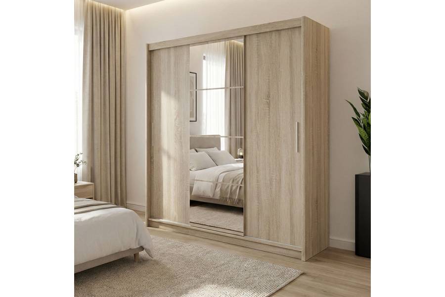 Ντουλάπα ρούχων Elodie pakoworld τρίφυλλη καθρέπτης συρόμενη sonoma 200x61x216εκ