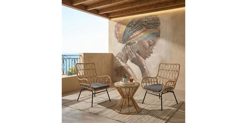 Σαλόνι Naoki-Mabil pakoworld σετ 3τεμ pe rattan σε φυσική απόχρωση με μαύρο μέταλλο
