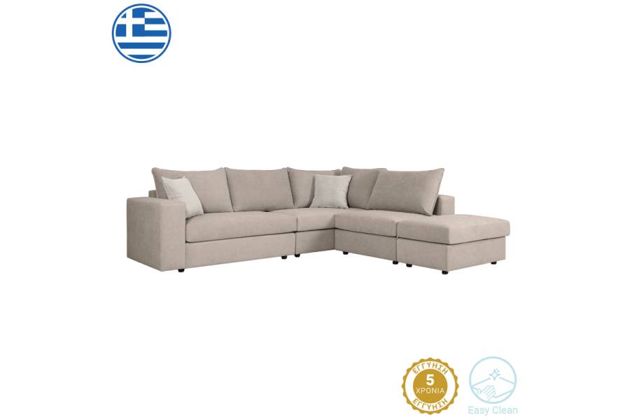 Πολυμορφικός-αναστρέψιμος καναπές London pakoworld γκρι-μπεζ ύφασμα με μαξιλάρια σε απόχρωση ανοιχτό γκρι 296x246x95εκ