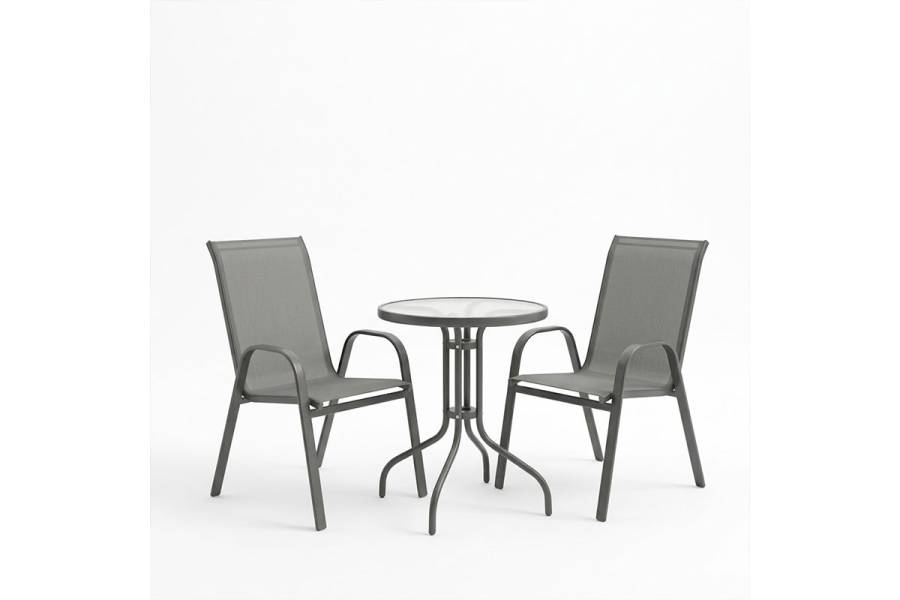 Tραπεζαρία Calan-Watson pakoworld σετ 3τεμ μέταλλο γκρι και γυαλί tempered Φ60x70εκ