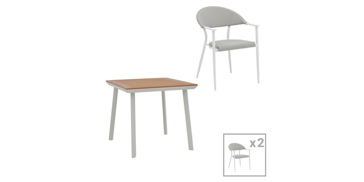 Τραπεζαρία Synergy-Pino σετ 3τεμ pakoworld λευκό αλουμίνιο και plywood σε φυσικό χρώμα 80x80x74εκ