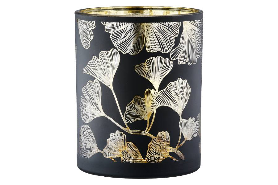 Φανάρι Καταιγίδας Cylindrical "Ginkgo" Ginkgo Motif Γυάλινο Μαύρο PU 18 H. cm D. 7 cm