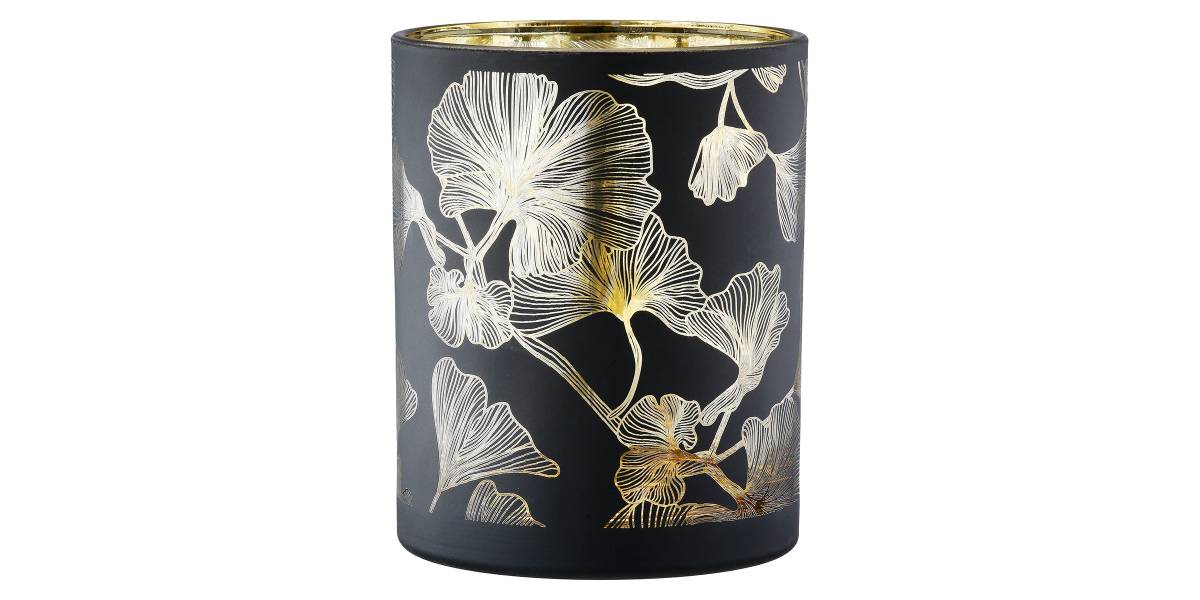 Φανάρι Καταιγίδας Cylindrical "Ginkgo" Ginkgo Motif Γυάλινο Μαύρο PU 18 H. cm D. 7 cm