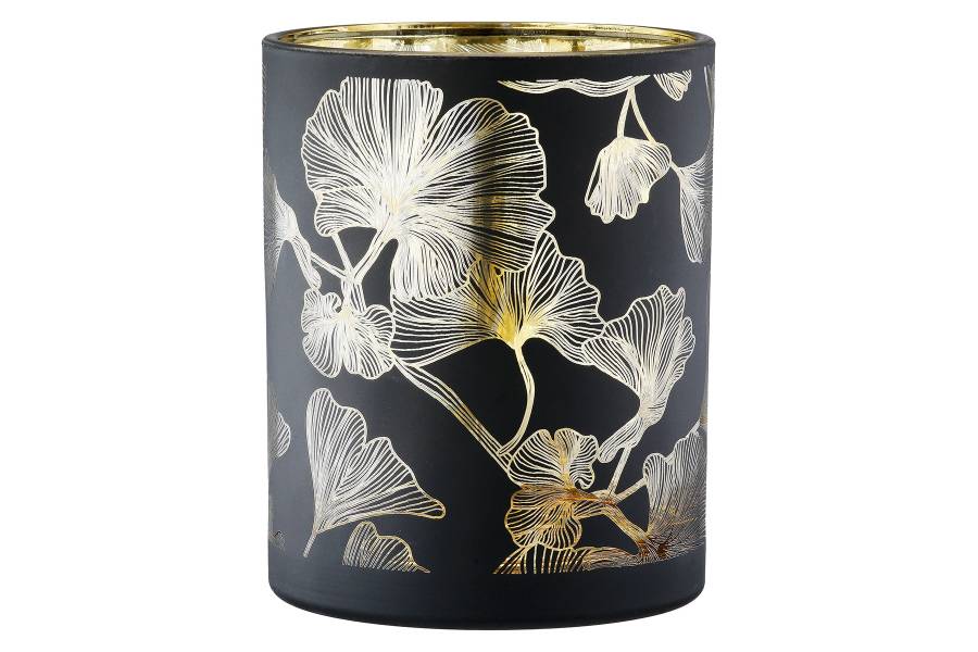 Φανάρι Καταιγίδας Cylindrical "Ginkgo" Ginkgo Motif Γυάλινο Μαύρο PU 18 H. cm D. 7 cm