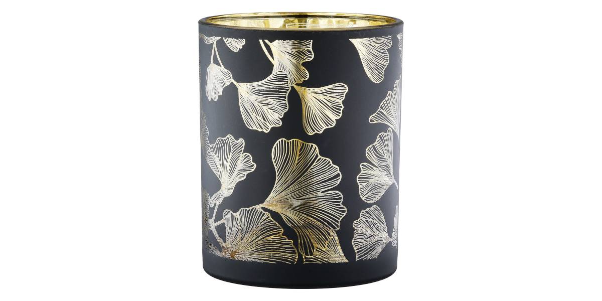 Φανάρι Καταιγίδας Cylindrical "Ginkgo" Ginkgo Motif Γυάλινο Μαύρο PU 18 H. cm D. 7 cm