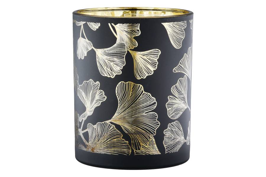 Φανάρι Καταιγίδας Cylindrical "Ginkgo" Ginkgo Motif Γυάλινο Μαύρο PU 18 H. cm D. 7 cm