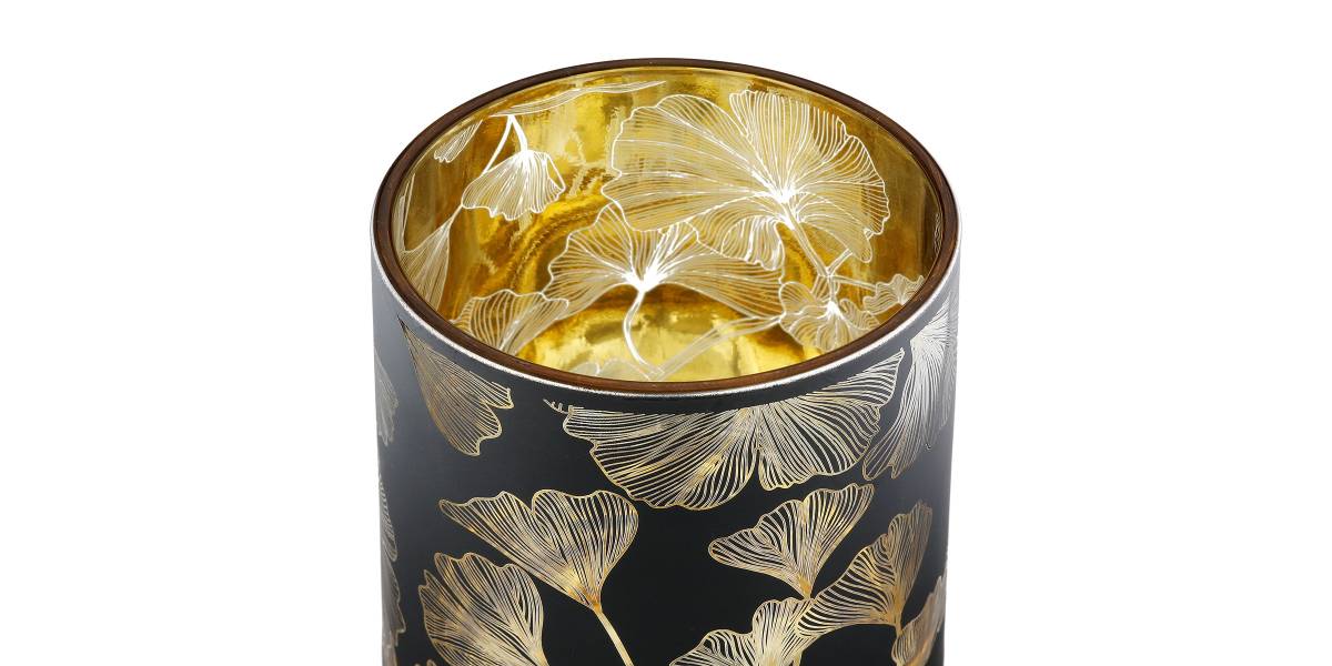 Φανάρι Καταιγίδας Cylindrical "Ginkgo" Ginkgo Motif Γυάλινο Μαύρο PU 18 H. cm D. 7 cm