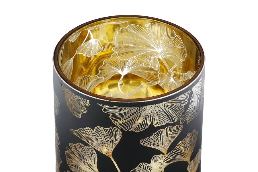 Φανάρι Καταιγίδας Cylindrical "Ginkgo" Ginkgo Motif Γυάλινο Μαύρο PU 18 H. cm D. 7 cm