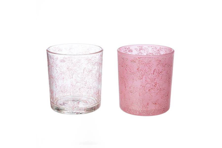 Φανάρι Καταιγίδας Cylindrical "Rose" Λουλουδάτο Pattern Γυάλινο Clear Rose PU 18 Pcs. Assorted H. cm D. 7 cm