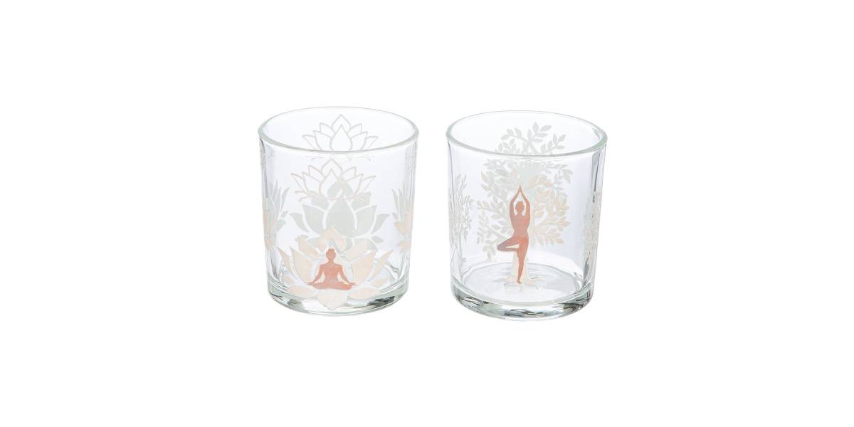 Φανάρι Καταιγίδας Cylindrical "Namaste" Δέντρο Motif Lotus Motif Yoga Motif Γυάλινο Brown Clear PU 18 Pcs. Assorted H. c