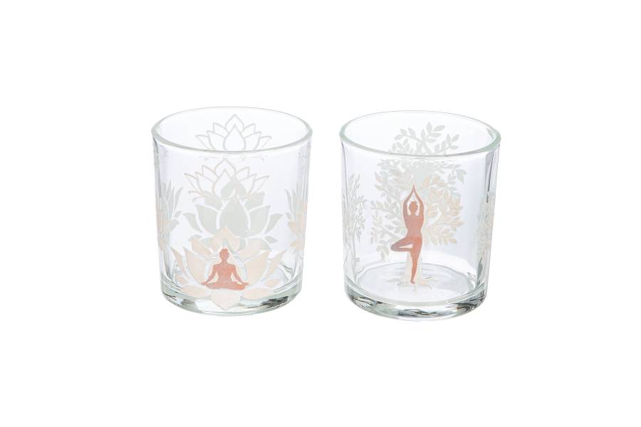 Φανάρι Καταιγίδας Cylindrical "Namaste" Δέντρο Motif Lotus Motif Yoga Motif Γυάλινο Brown Clear PU 18 Pcs. Assorted H. c