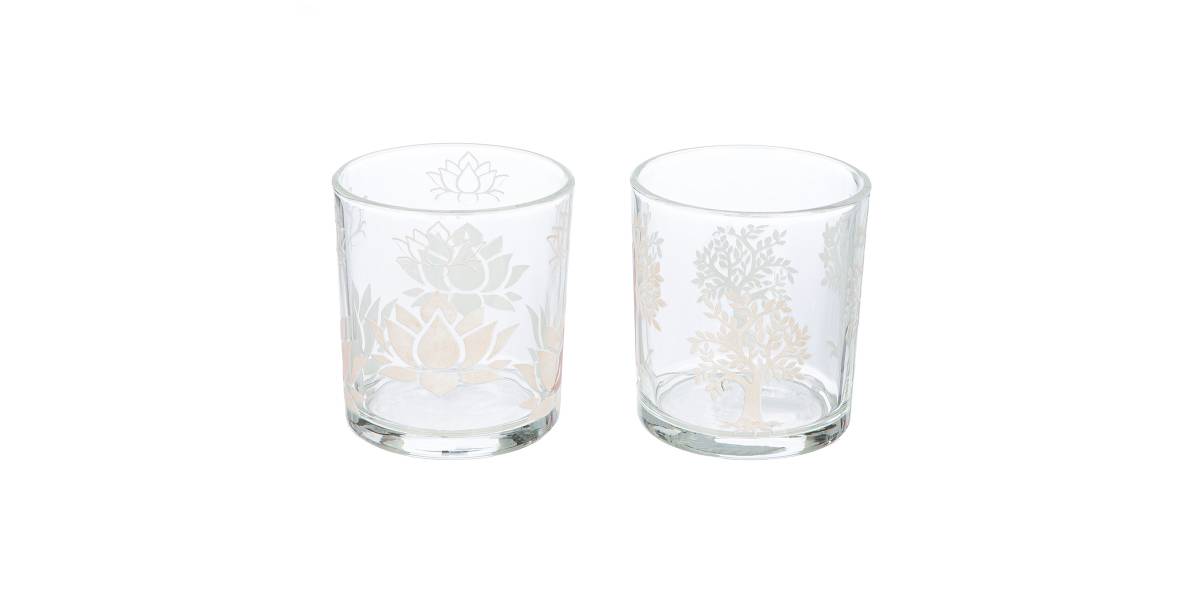 Φανάρι Καταιγίδας Cylindrical "Namaste" Δέντρο Motif Lotus Motif Yoga Motif Γυάλινο Brown Clear PU 18 Pcs. Assorted H. c